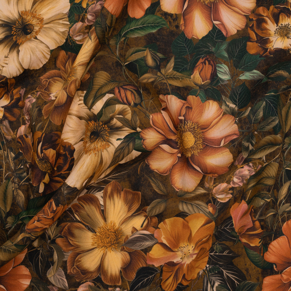 Linen and Rayon Woven - Orange, Dark Green and Brown Lush Floral - Mood Exclusive Camouflora Print - Joann Fabrics