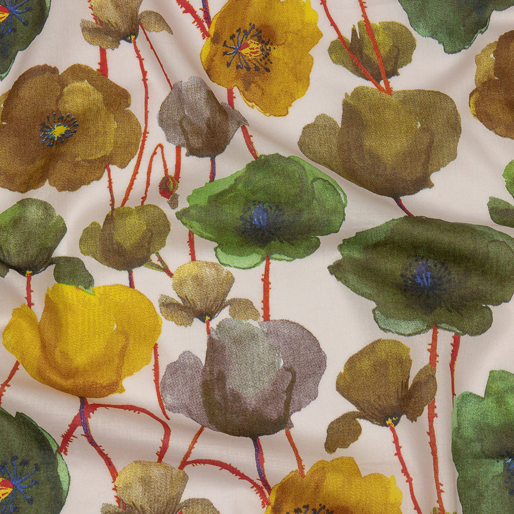 Lime, Olive and Red Orange Painterly Blooms Cotton Lawn - Joann Fabrics