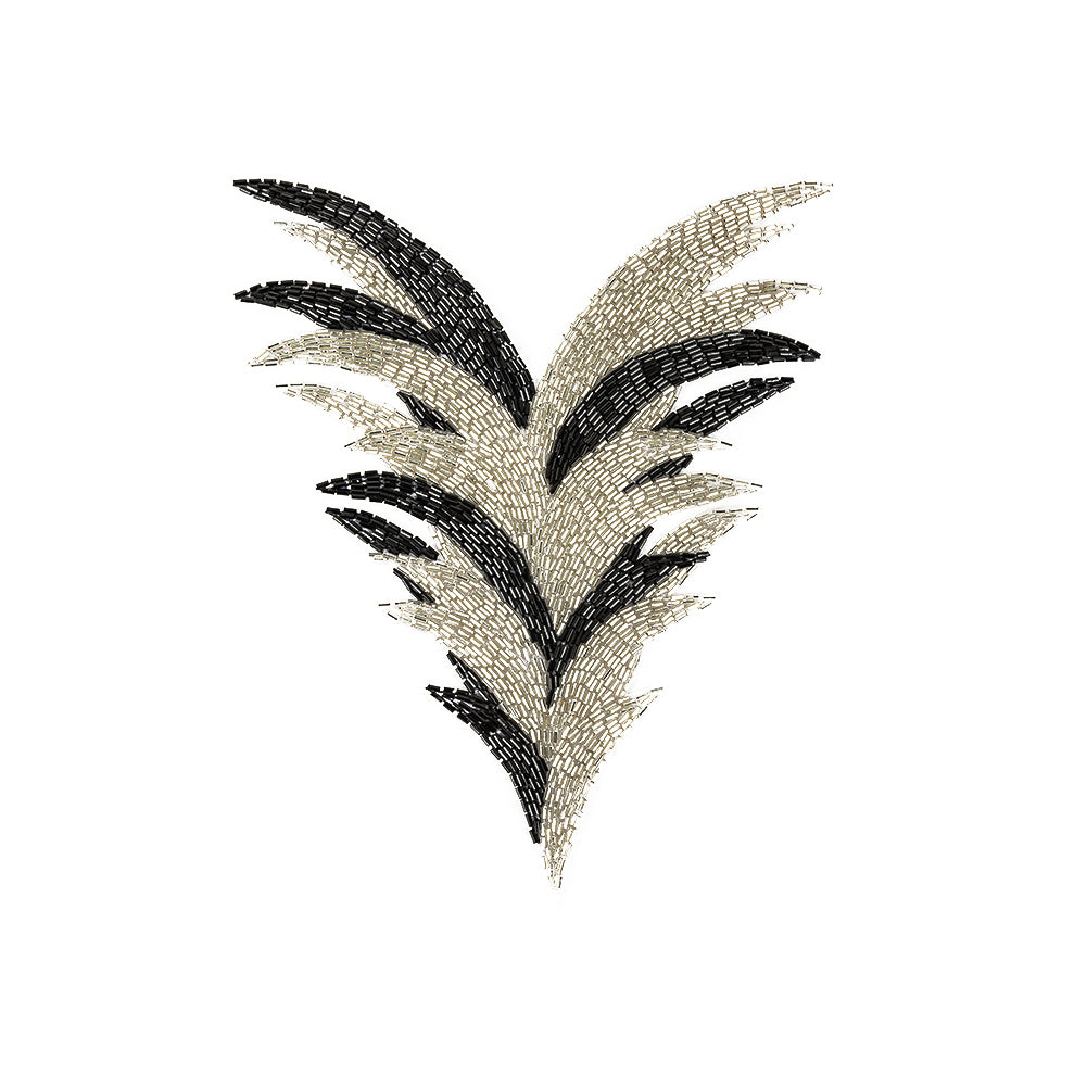 Vintage Black and Silver Bugle Beaded Large Foliage Applique - 9.625