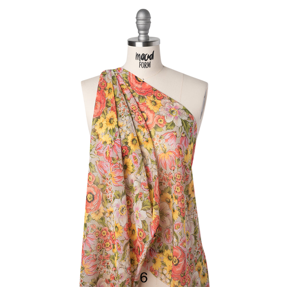 Silk Chiffon Print Made in Italy - Pink, Yellow and Green Flower Garden - Deadstock - Joann Fabrics