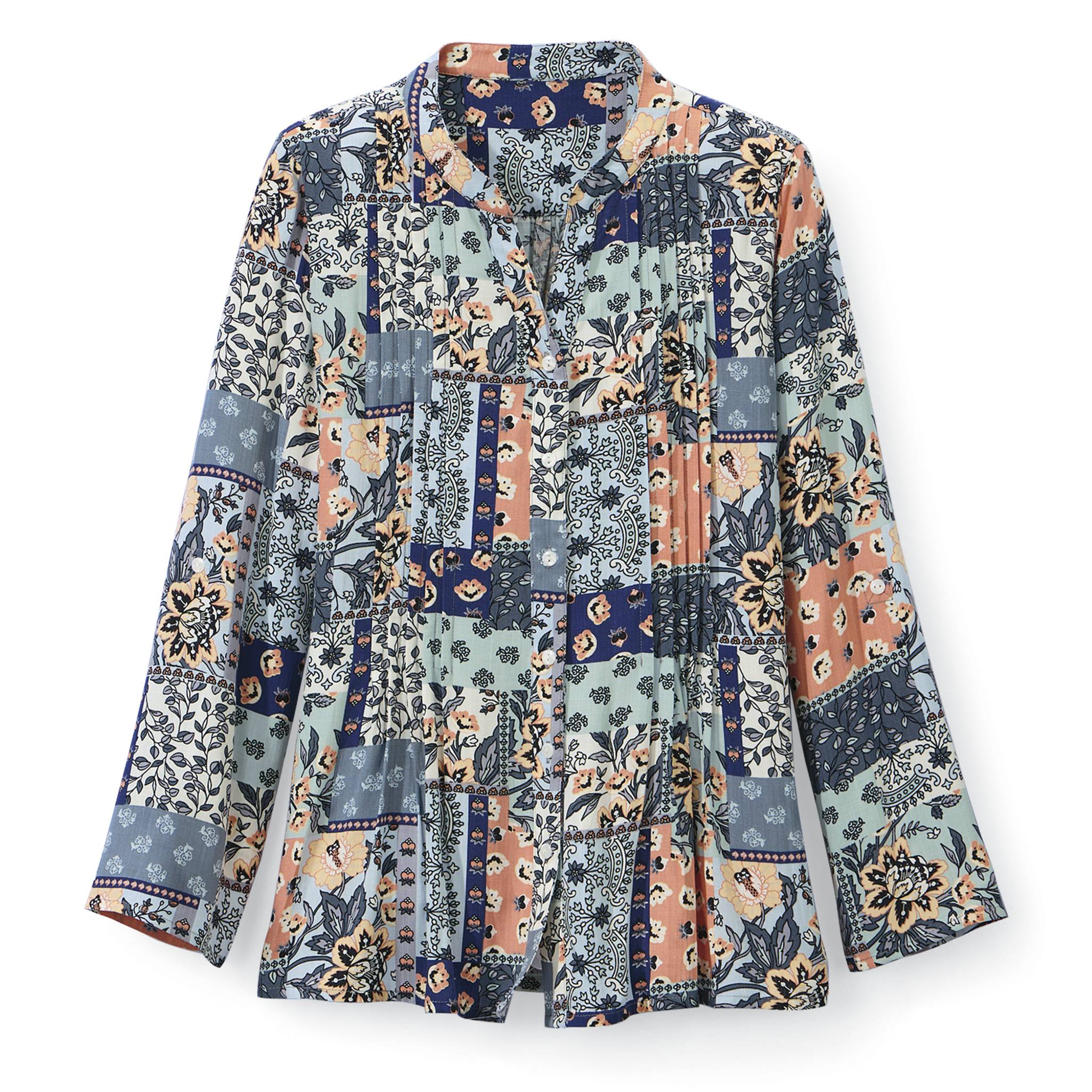 Mixed-Print Tuck Shirt, Notched Neck, 3/4 Roll-Tab Sleeves - Northstyle Catalog