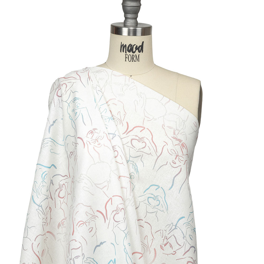 Linen and Rayon Woven - Pink, White and Blue Faces and Hands - Language of Love Print - Mood Exclusive Pride Collection - Joann Fabrics