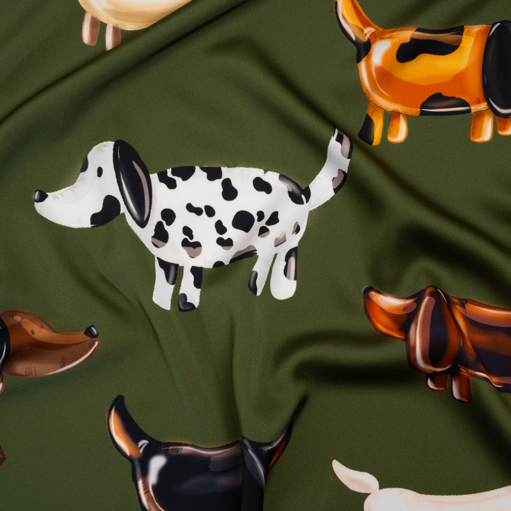 Polyester Satin - Brown, White and Olive Green Puppy Balloons - Mood Exclusive Dachshund Drift Print - Joann Fabrics