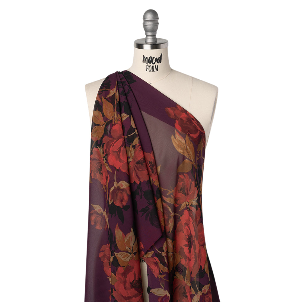 Polyester Chiffon Print - Plum, Red and Tan Floral - Designer Deadstock - Joann Fabrics