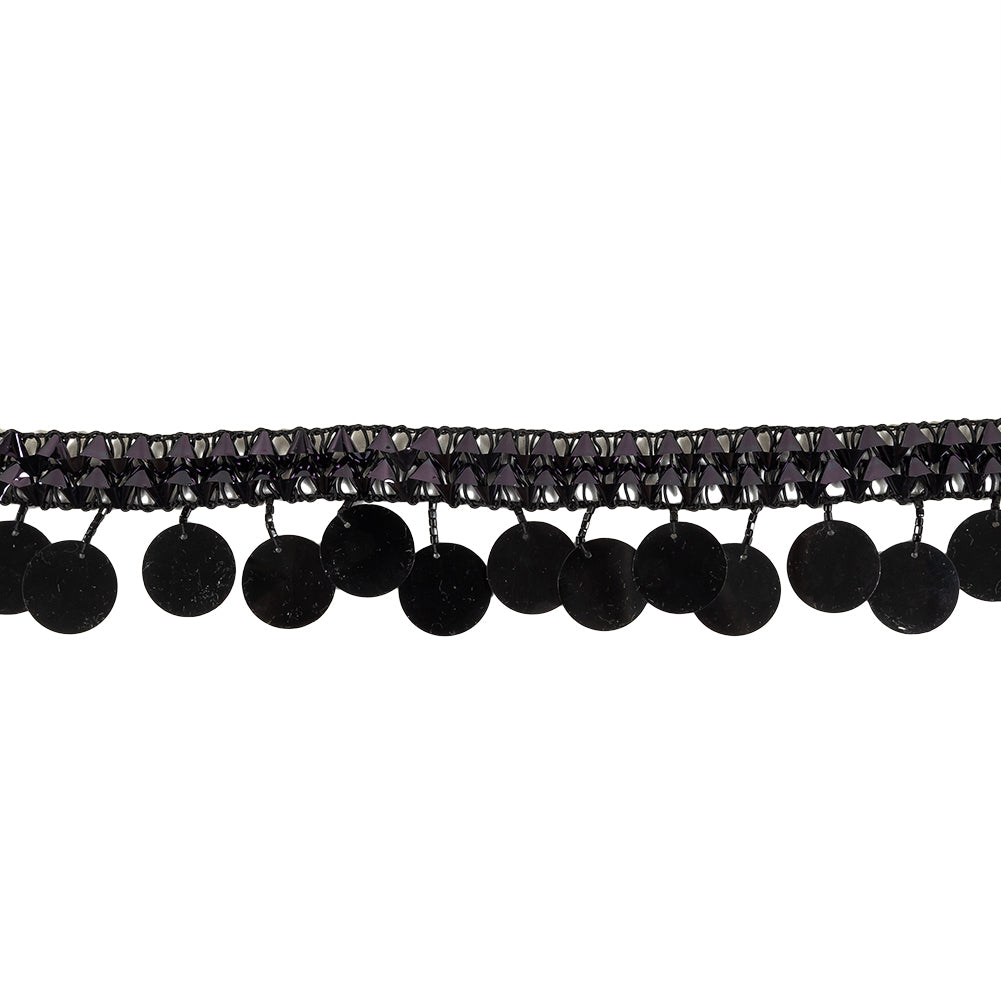 Vintage Metallic Black Braided Trim with Black Beads and Paillette Sequins Fringe - 1.75