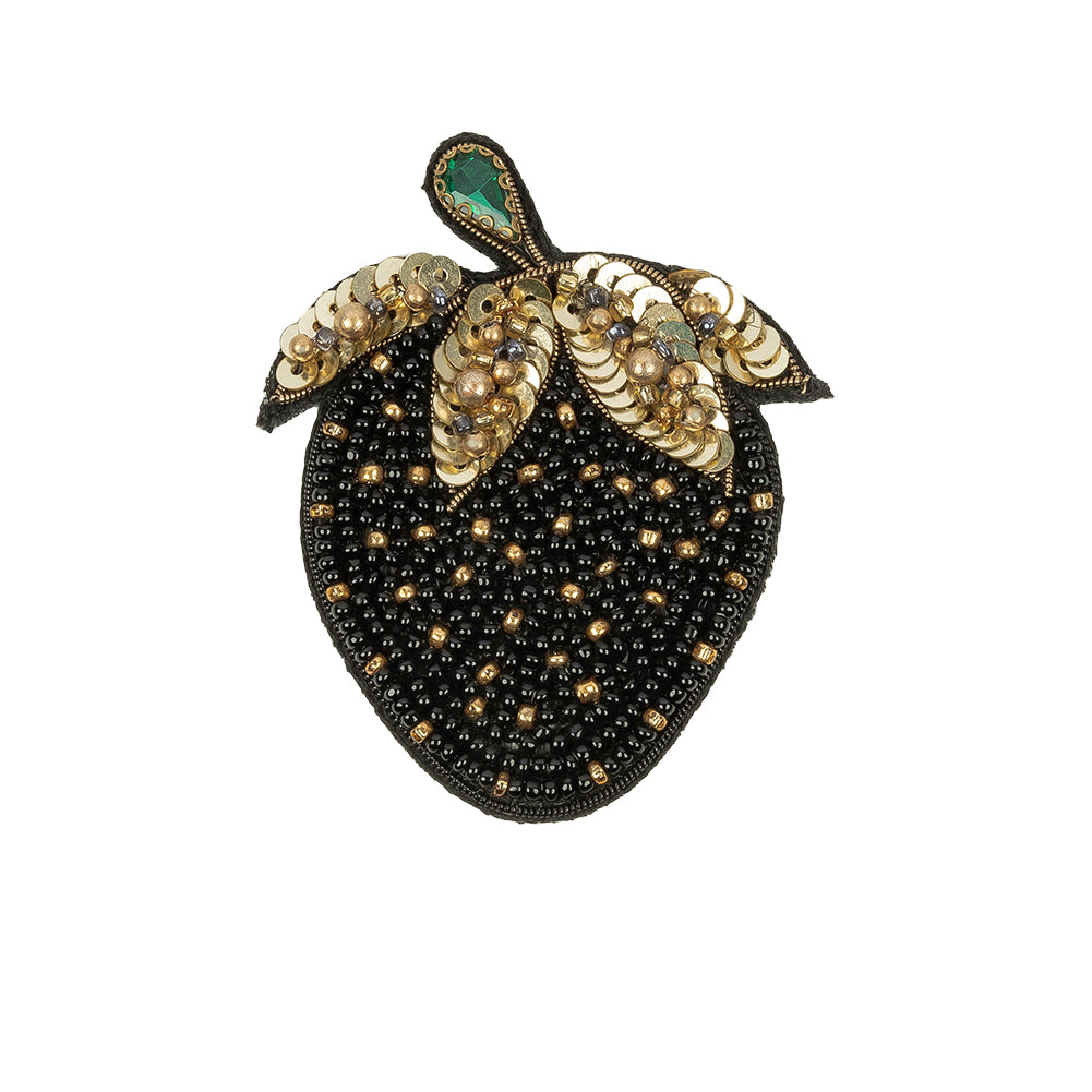 Black and Gold Strawberry Rhinestone and Glass Beaded Applique - 2.5
