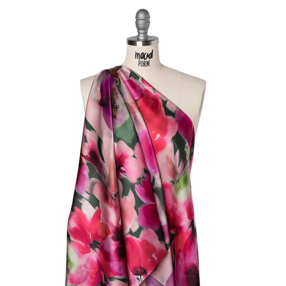 Silk Charmeuse Print 16MM, Made in Italy - Hot Pink and Forest Green Soft Watercolor Florals - Joann Fabrics
