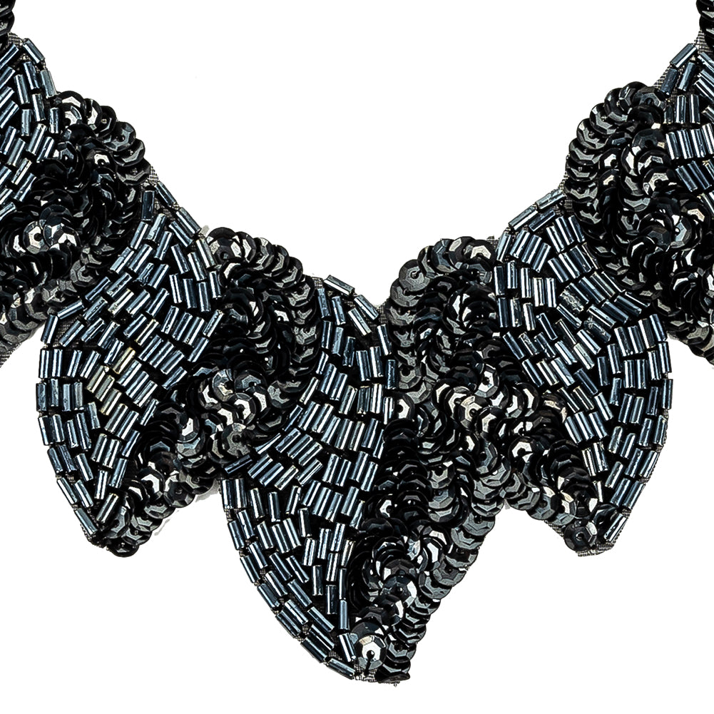 Vintage Fancy Gunmetal Sequins and Bugle Beaded Neckline Applique - 7.625