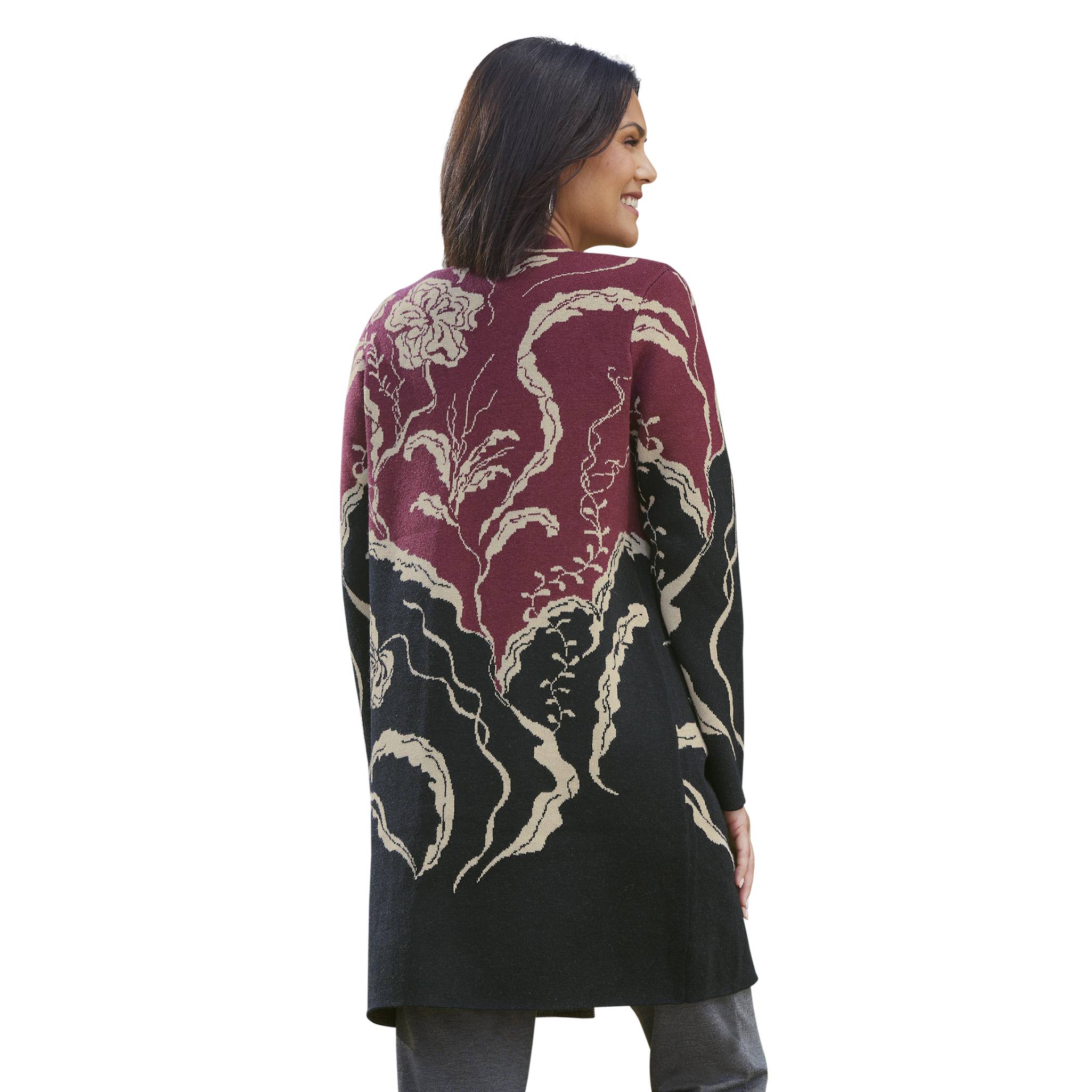 Jacquard Flora Cardigan, Open Front, Side Pockets - Northstyle Catalog