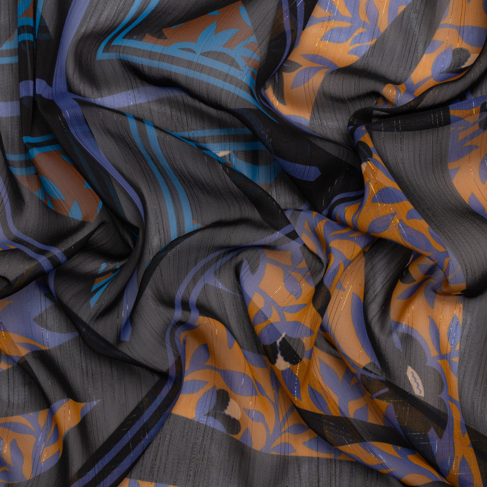Polyester Chiffon Print with Metallic Pinstripes - Orange, Blue and Black Floral and Geometric - Mood Exclusive Through the Pane - Joann Fabrics