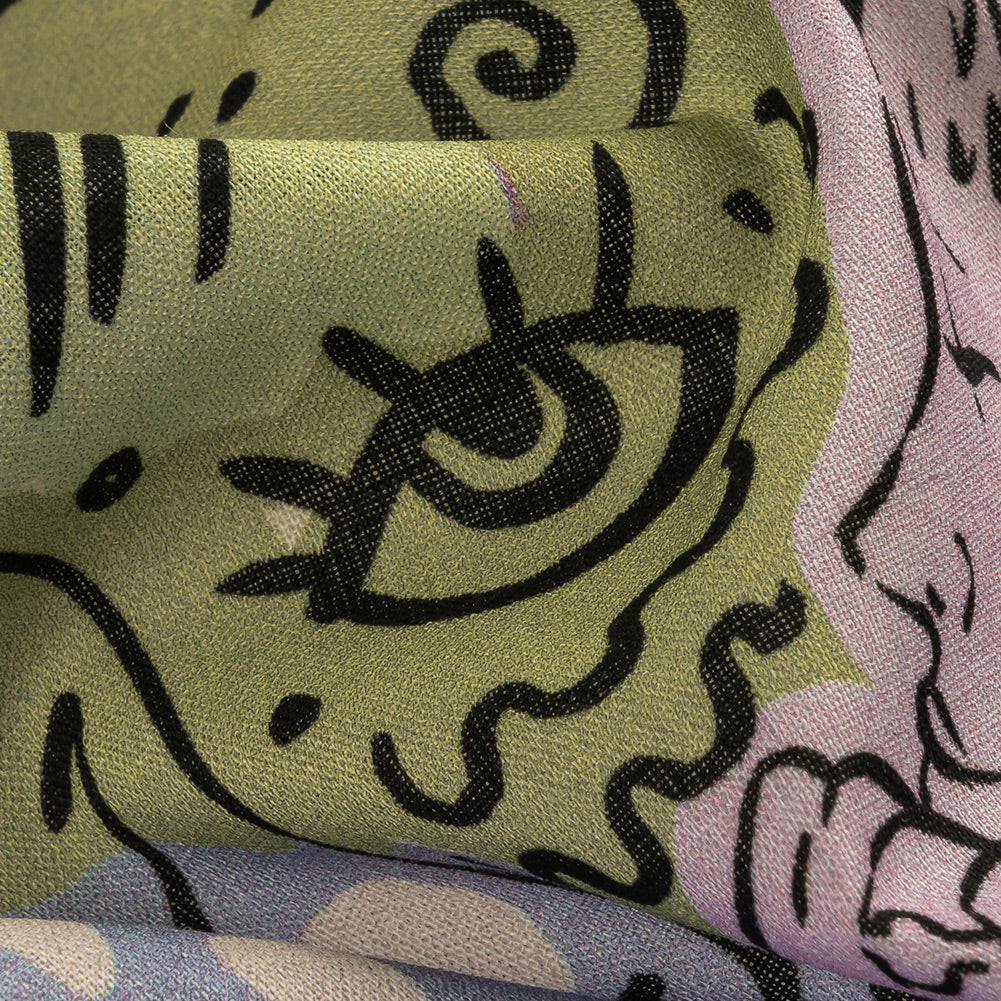 Cotton Voile - Purple and Green Figures and Doodles - Serene Souls Print - Mood Exclusive Wisteria Collection - Joann Fabrics