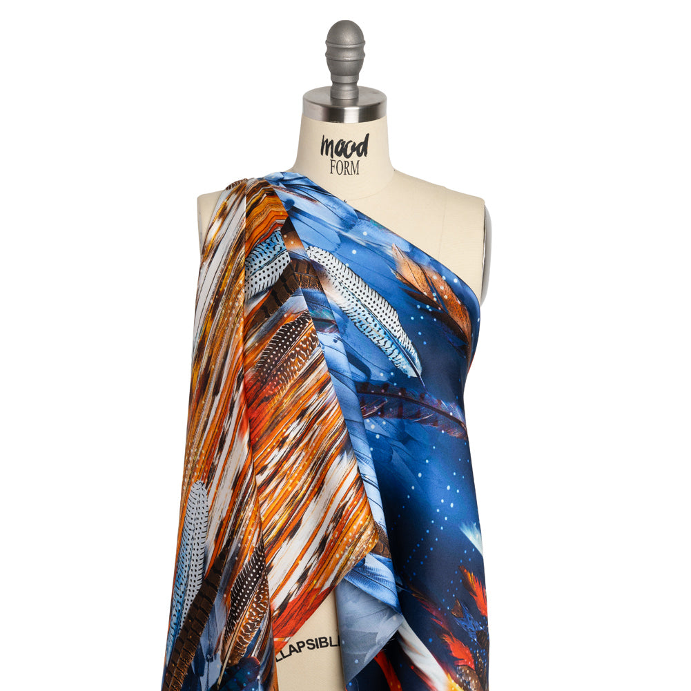 Silk Charmeuse Print - Blue, Red and Orange Feathered Borders and Abstract - Joann Fabrics