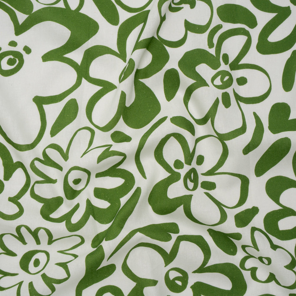 Linen and Rayon Woven - Green and Off White Flower Doodles - Mood Exclusive Sweet Scribbles Print - Joann Fabrics