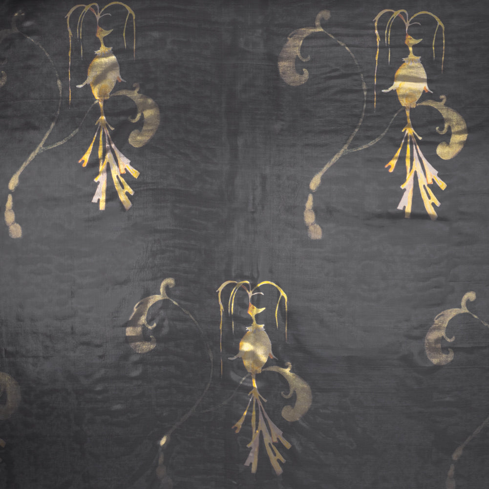 Metallic Silk Lame - Black, Silver and Gold Classical Swirls - Deadstock - Joann Fabrics