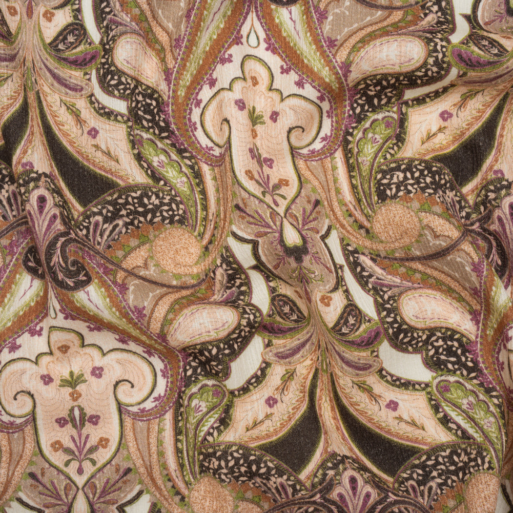 Slubbed Gauzy Cotton Woven - Pale Pink, Spring Green and Espresso Fanciful Paisleys - Mood Exclusive Mandala Motions Print - Joann Fabrics