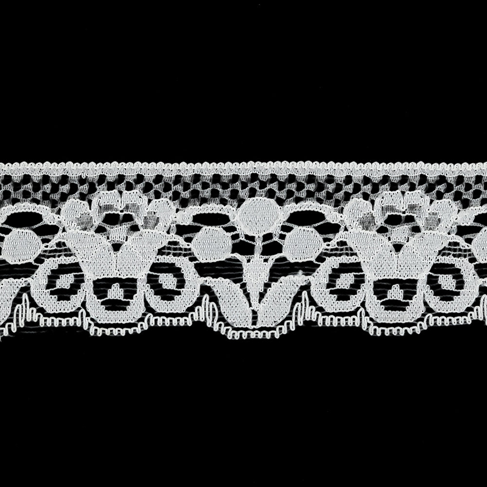 White Abstracted Flowers Lace Trim with Single Scalloped Edge - 1.25