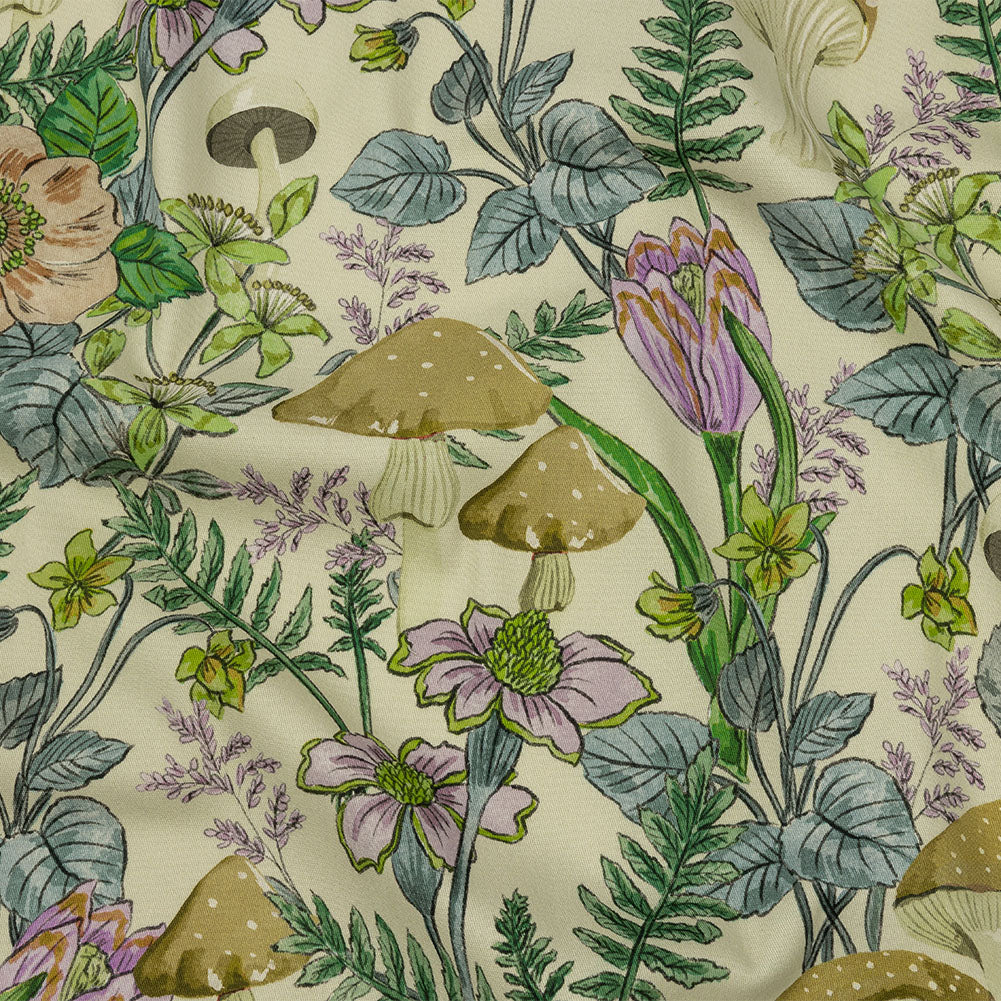 Stretch Cotton Twill Print - Cream. Green and Blue Mushrooms and Flowers - Mood Exclusive Mycelium Mystique - Joann Fabrics