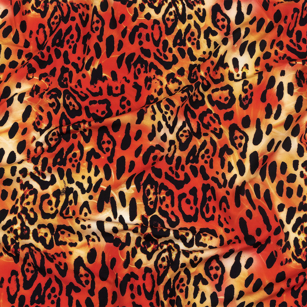 Compression Swimwear Tricot, UV Protective with Aloe Vera Microcapsules - Orange and Yellow Tie Dye Leopard - Caye Collection - Joann Fabrics