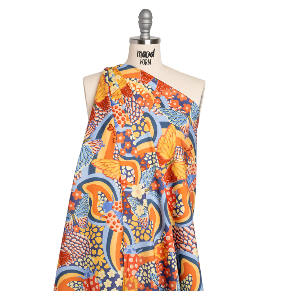 Stretch Cotton Sateen - Orange and Blue Butterflies and Doodles - Sunbeam Garden Print - Mood Exclusive Chariot Collection - Joann Fabrics