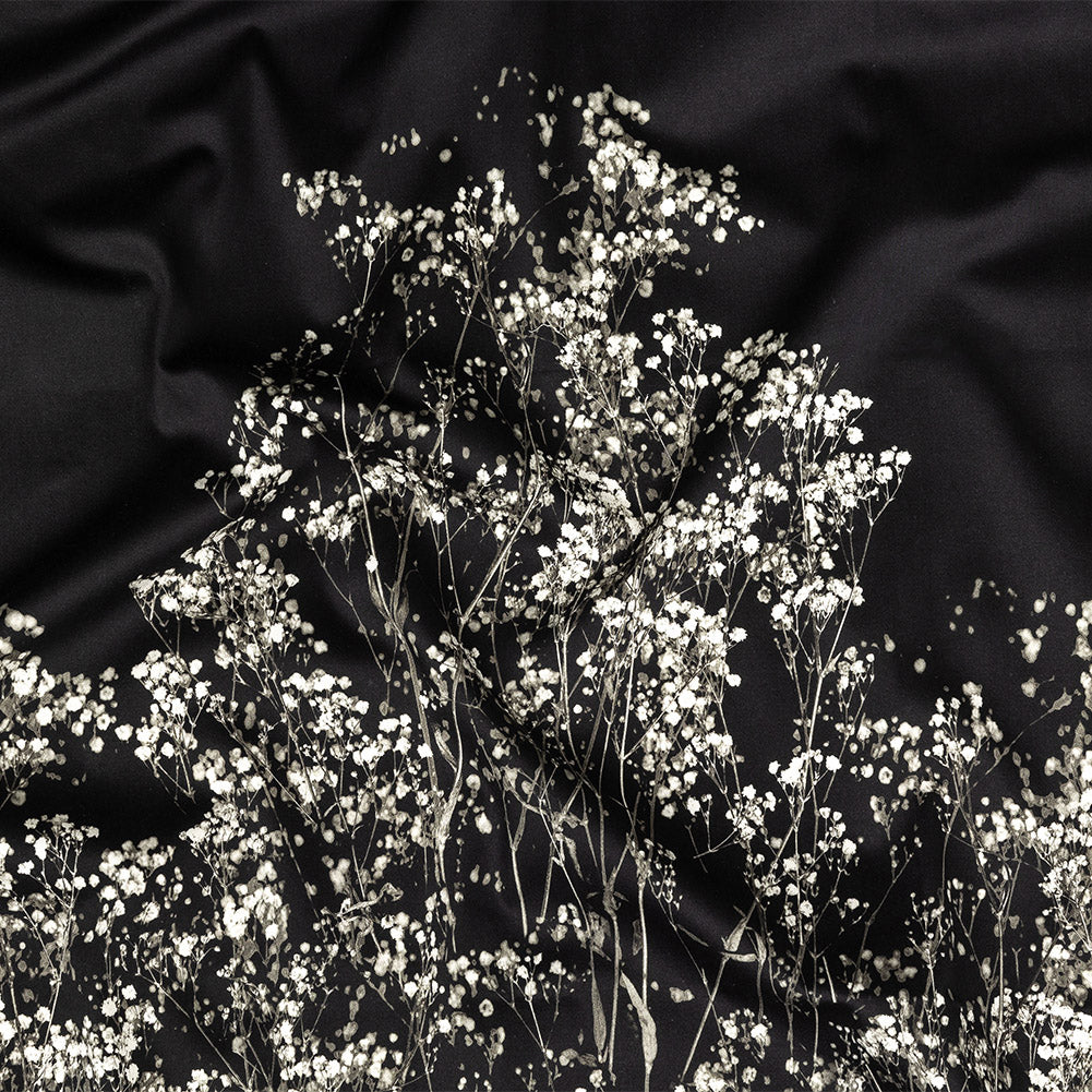 Stretch Cotton Sateen Panel - White and Black Flowering Branches - Ghost Light Growth Print - Mood Exclusive Twilight Collection - Joann Fabrics
