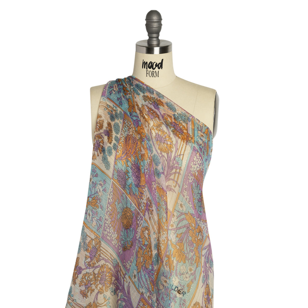 Orchid, Creamsicle and Blue Floral Patchwork Metallic Pinstriped Silk Chiffon - Joann Fabrics