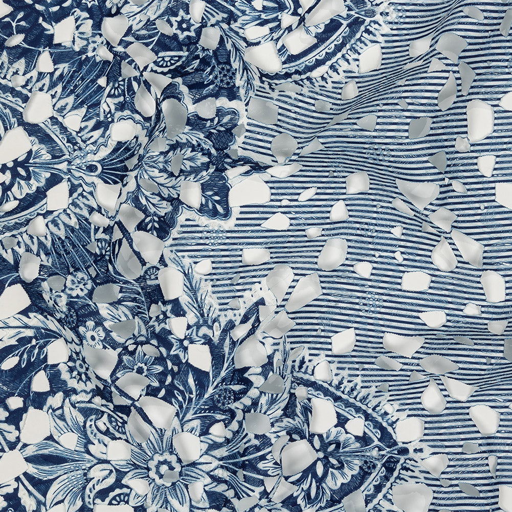 Printed Guipure Lace with Finished Edges - Dutch Blue and Brilliant White Stripes and Floral Border - Joann Fabrics
