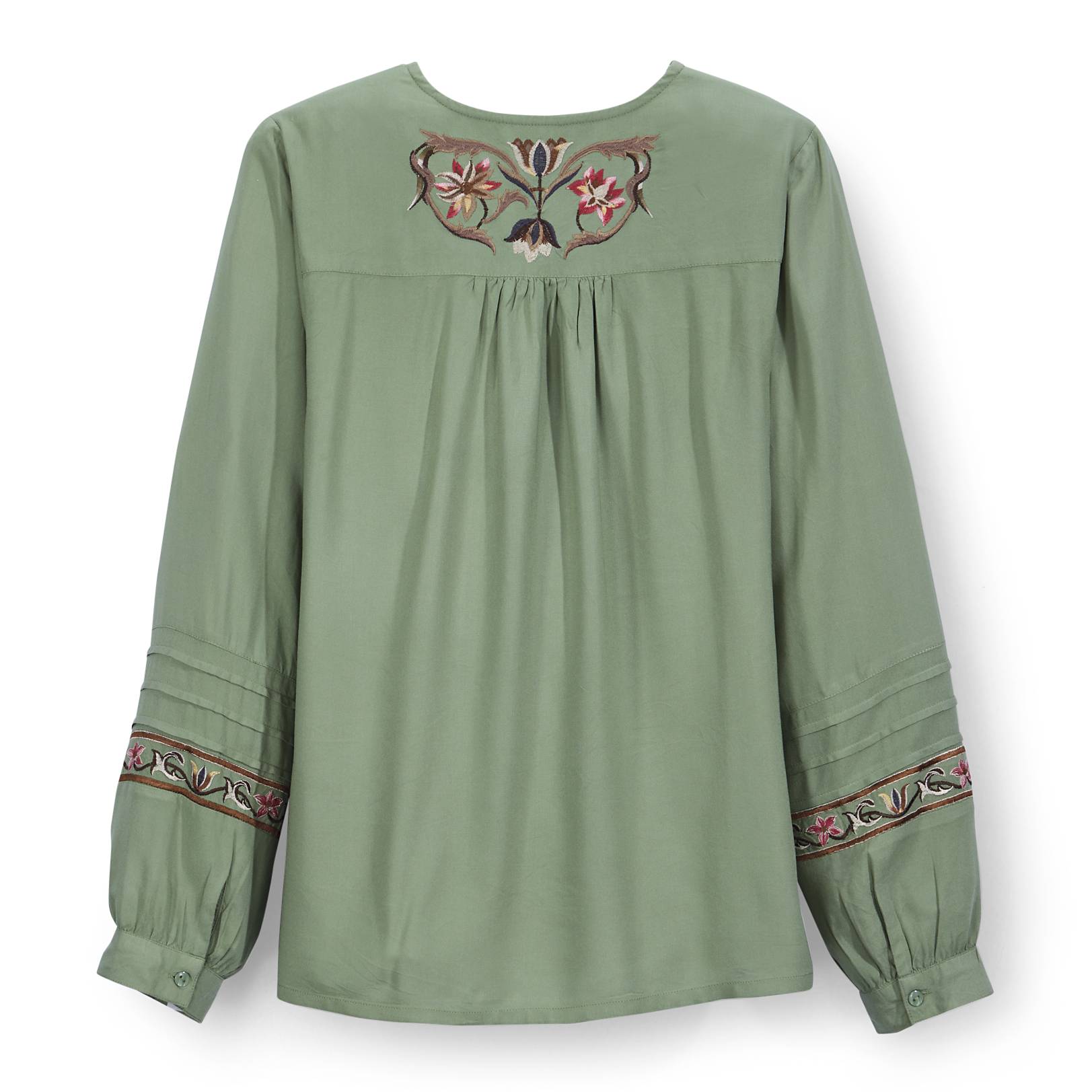 Embroidered Notched Neck Top, Long Sleeves, Side Slits - Northstyle Catalog
