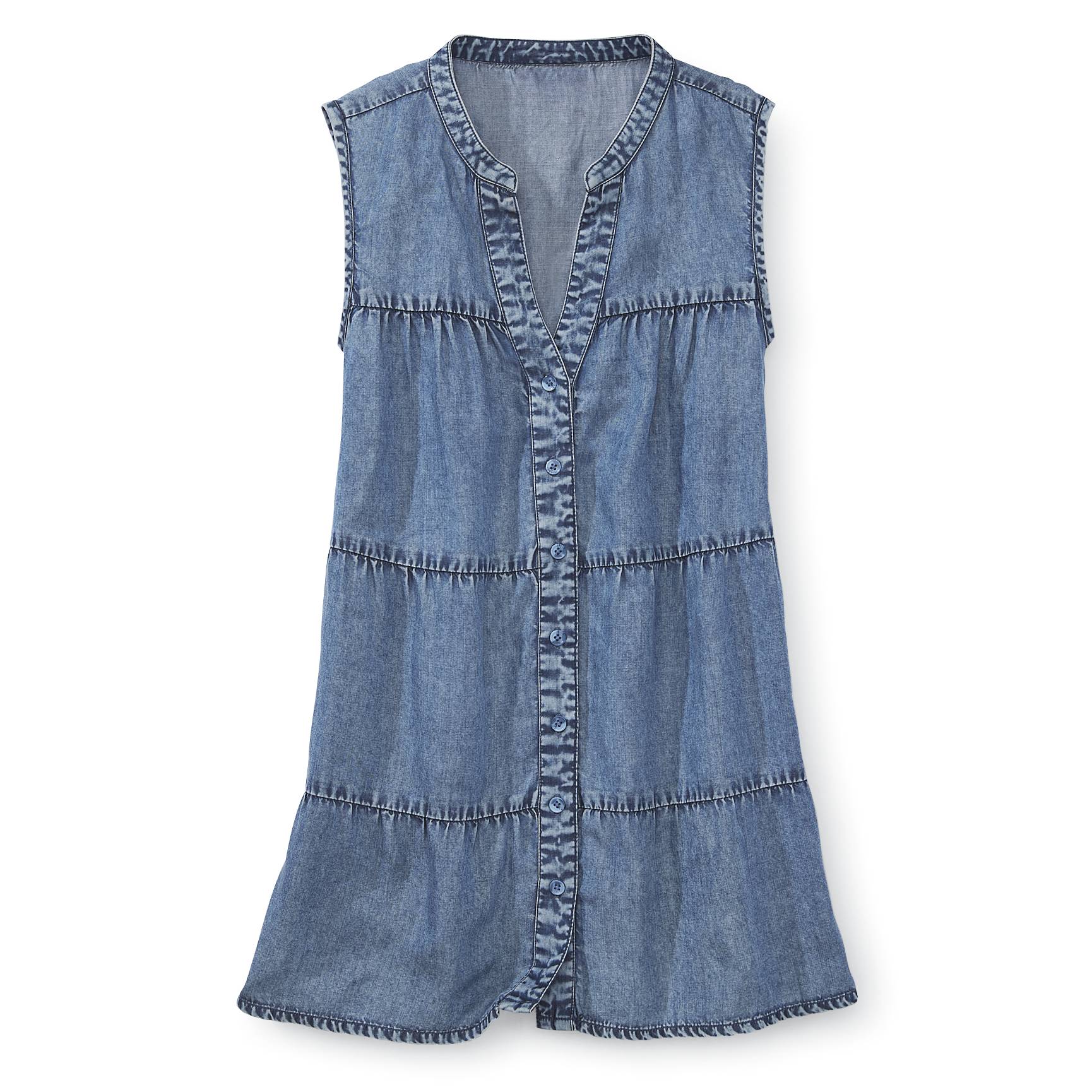 Sleeveless Tiered Shirt, Denim-Look, V-Neck, Button Front - Northstyle Catalog