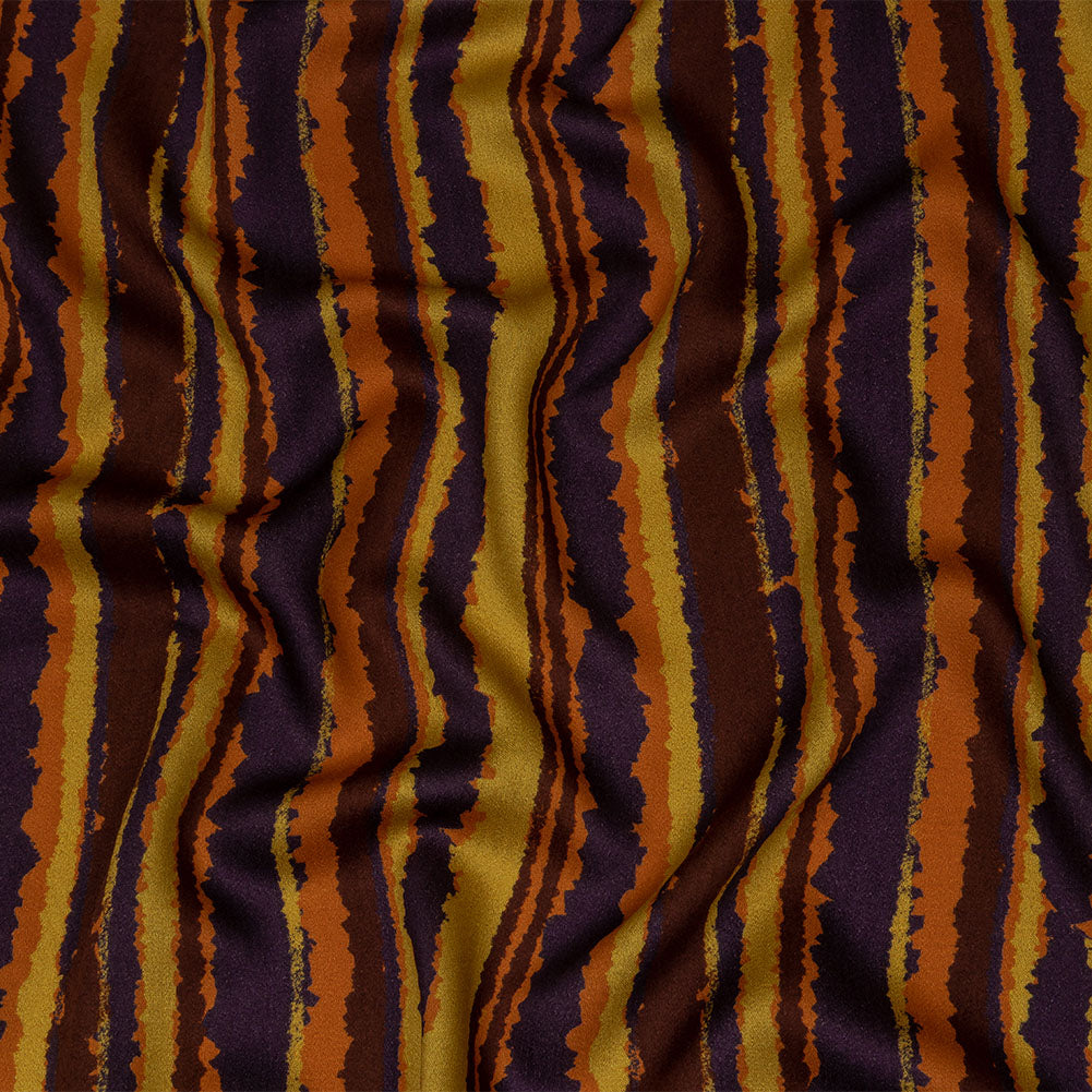 Rayon Challis - Purple, Orange and Yellow Stripes - Foliate Pathways Print - Mood Exclusive Jack-O-Lantern Collection - Joann Fabrics