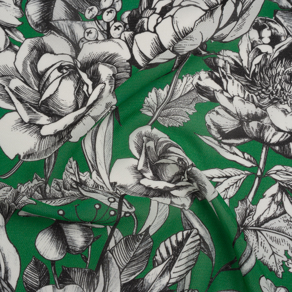 Lightweight Silk Pique Print Made in Italy - Kelly Green, Black and White Flowers - Deadstock - Joann Fabrics