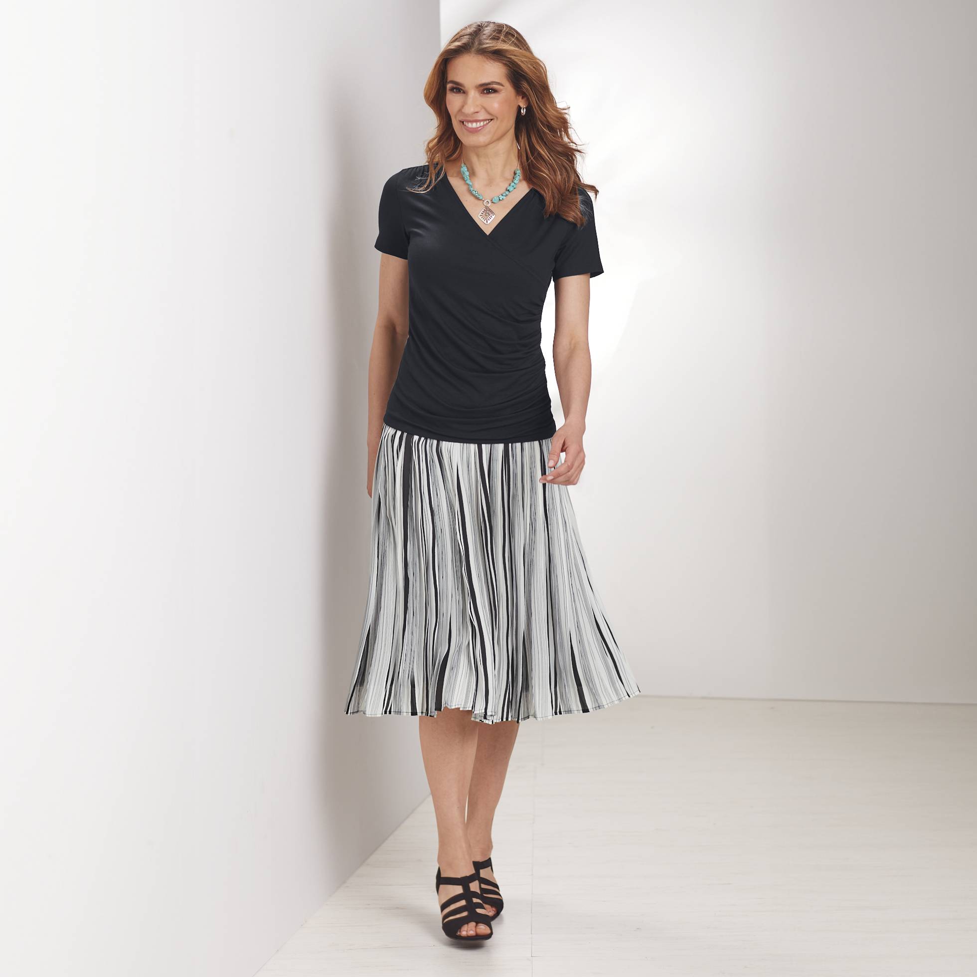 Pleated Stripe Skirt, Pleated Georgette, Wide Elastic Waistband - Northstyle Catalog