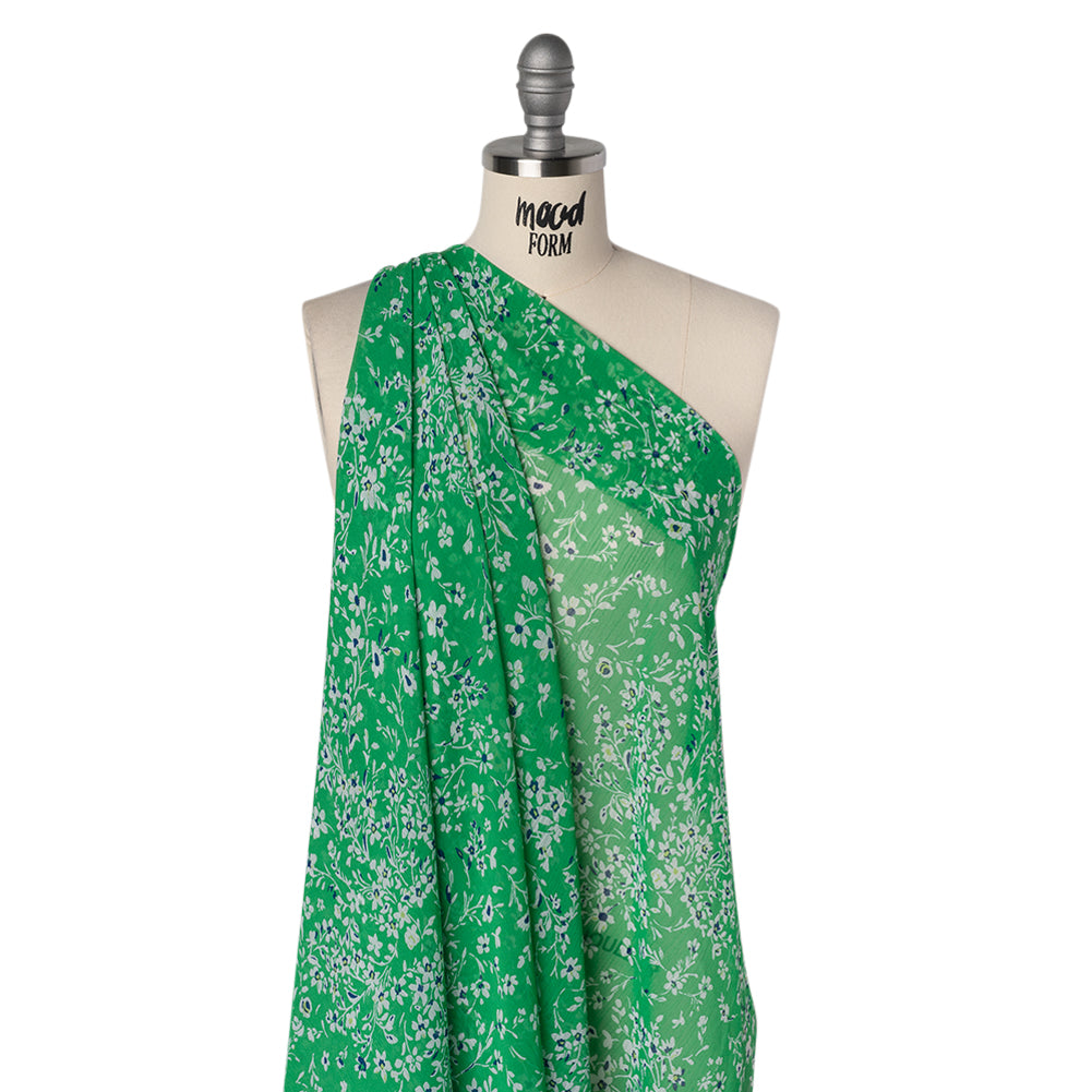 Crinkled Polyester Chiffon Print - Kelly Green, White and Navy Floral - Designer Deadstock - Joann Fabrics
