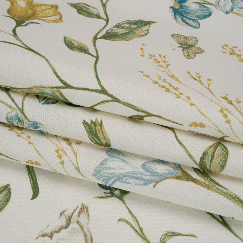 Printed Cotton Canvas - Duckegg Flowering Stems and Butterflies - British Imported - Joann Fabrics