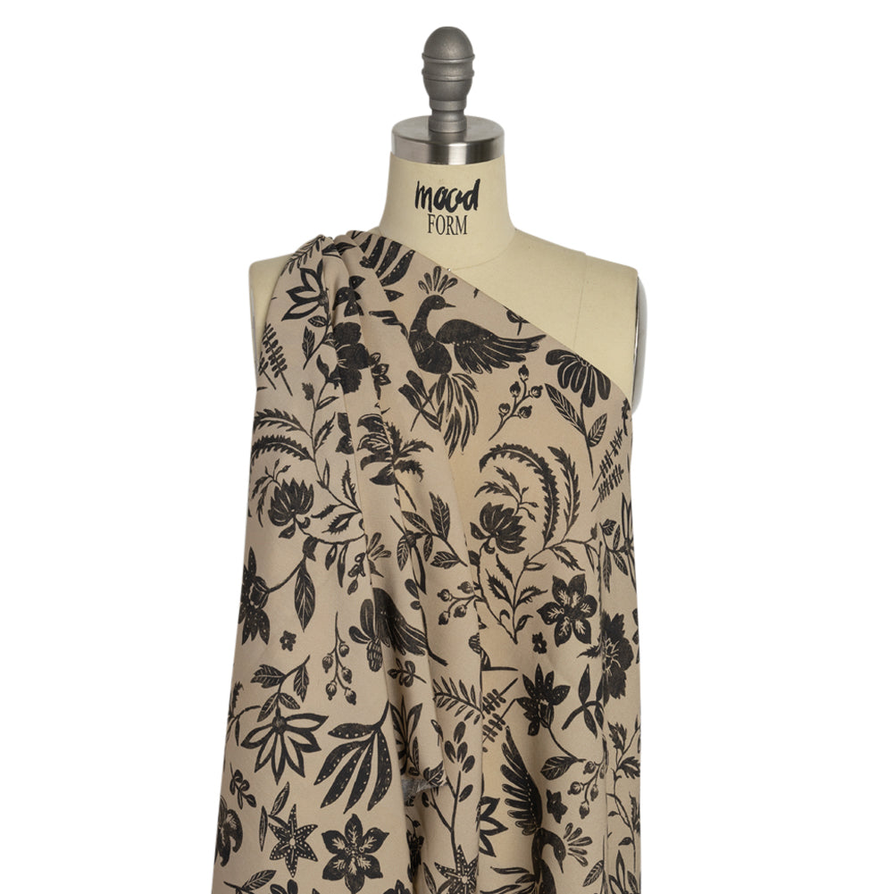 Mood Exclusive Beige Pheonix Flowers Sustainable Viscose and Polyester Twill - Joann Fabrics