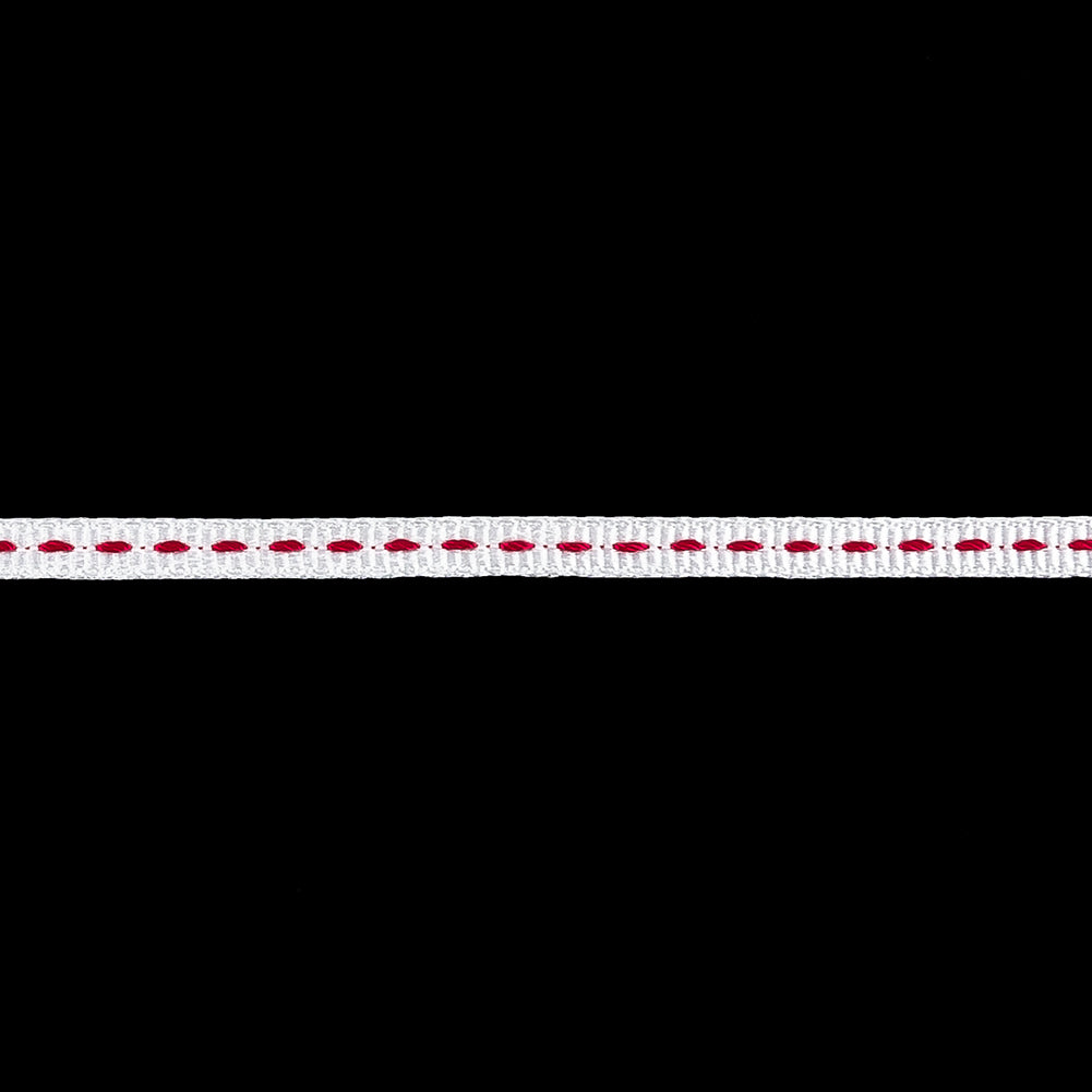 White Grosgrain Ribbon with Pink Stitching - 0.25