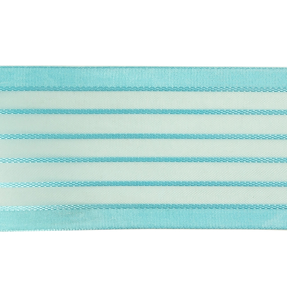 Turquoise Striped Sheer Ribbon with Opaque Borders - 1.5