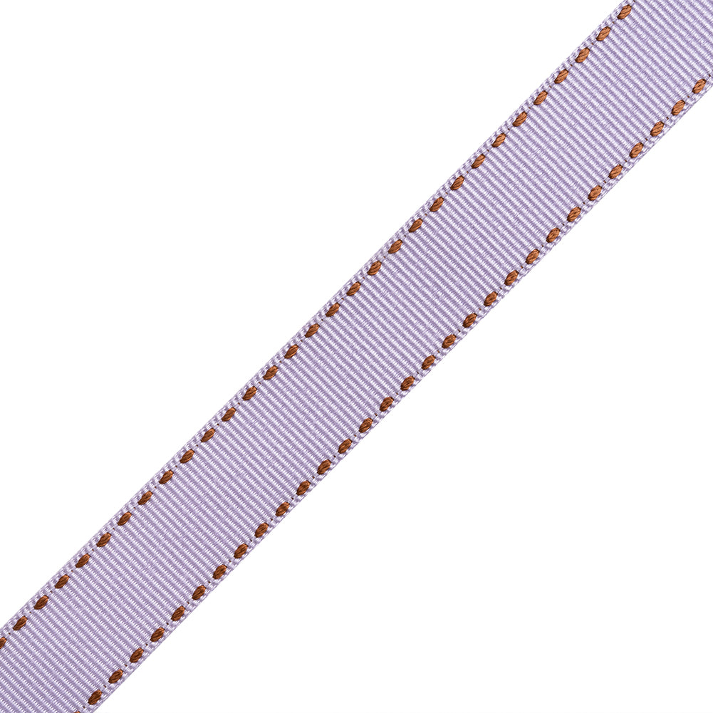 Grosgrain Ribbon with Brown Stitched Borders - Lilac - 0.625