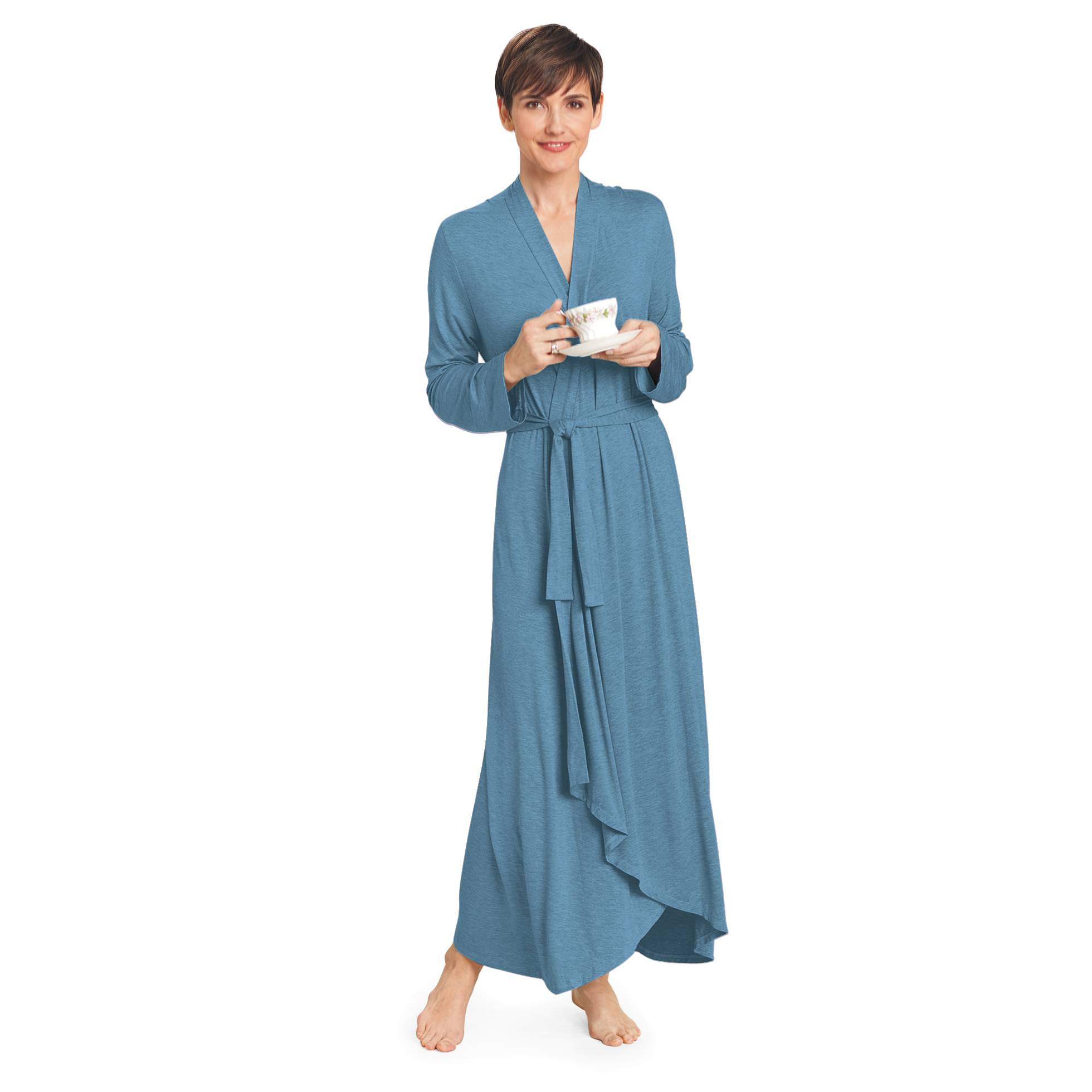 Soft Bamboo Knit Wrap Robe, Tie Belt, Low-Hi Hem - Northstyle Catalog