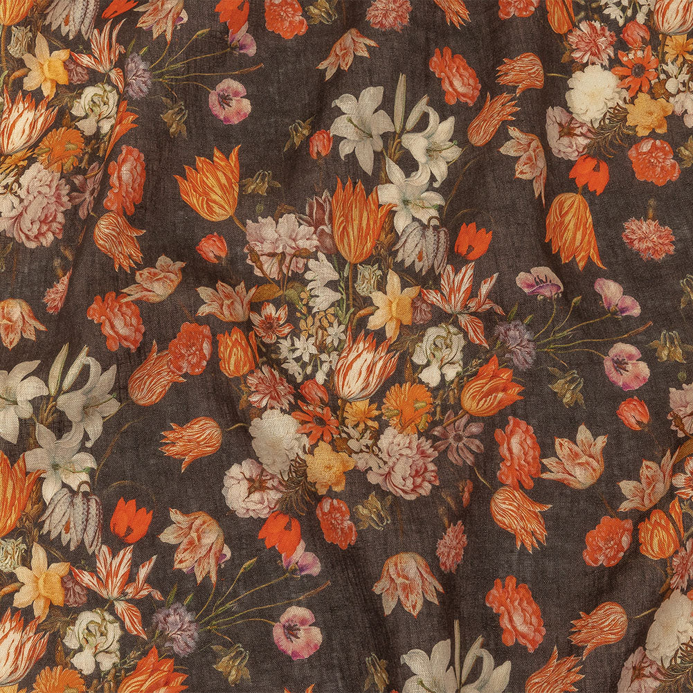 Red, Orange and Dark Brown Bouquets Lightweight Linen Woven - Joann Fabrics