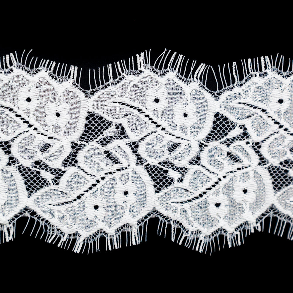 European White Leaf Embroidered Scalloped Eyelash Edge Lace Trim - 3.5