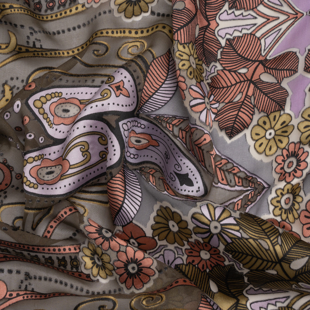 Pink, Lilac and Gray Flowers, Stripes, and Ornate Scrolls Silk and Rayon Burnout Satin - Joann Fabrics