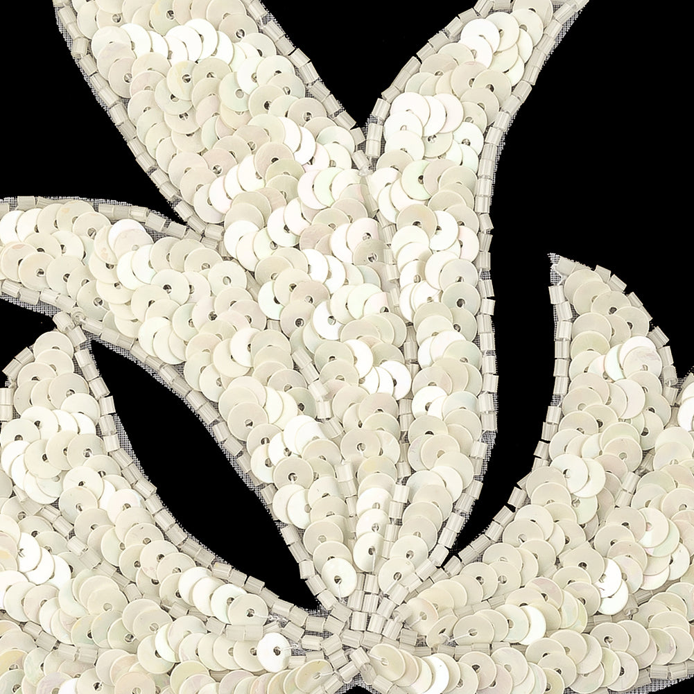 Vintage White Iris Beaded and Sequins Leaf Motif Applique - 5.125