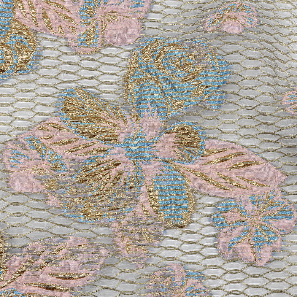 Metallic Bright Gold, Pink-a-boo and Bonnie Blue Florals and Latticework Sheer Luxury Brocade - Joann Fabrics