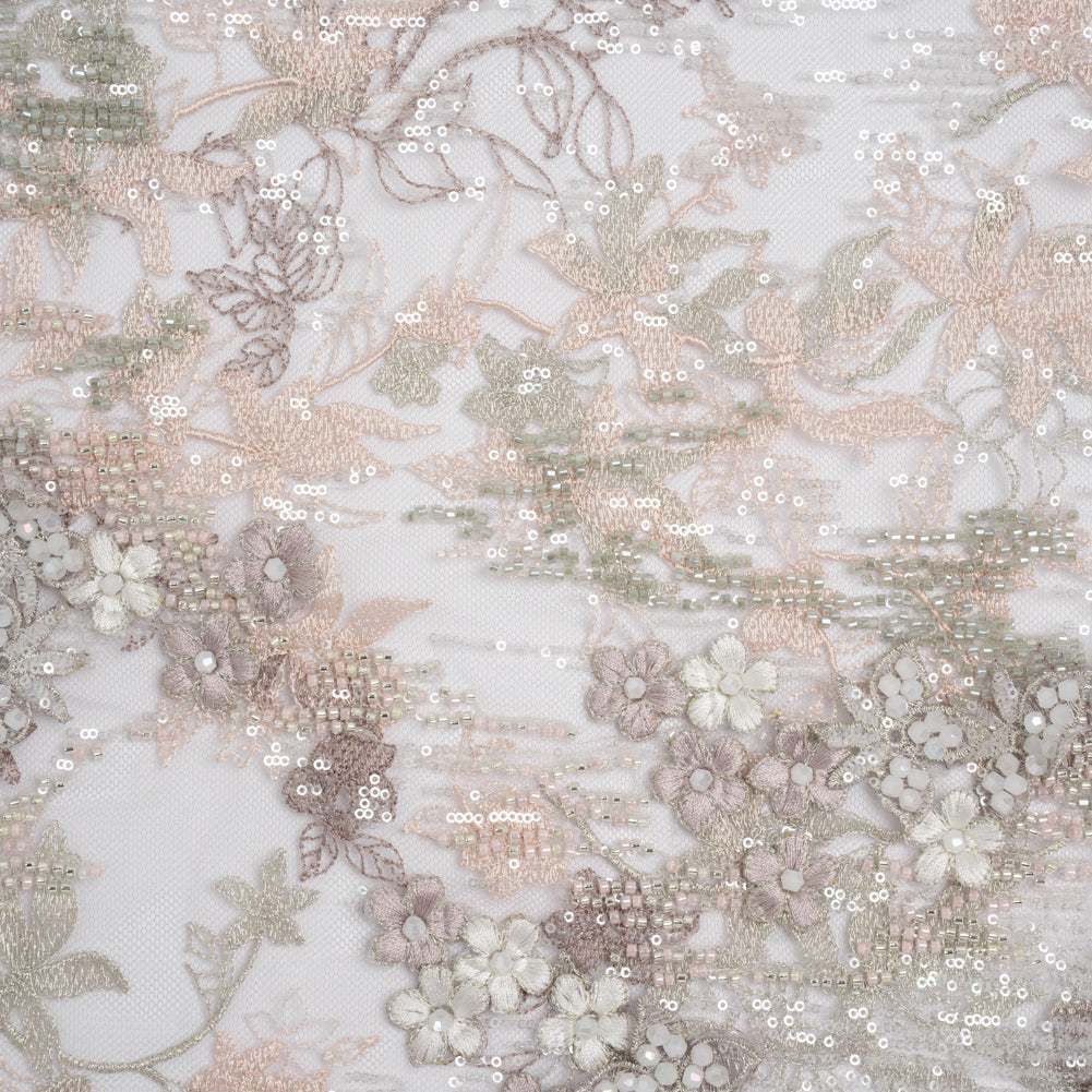Beaded and Embroidered Tulle with 3D Appliques - Light Gray and Pink Floral Reflections - Joann Fabrics