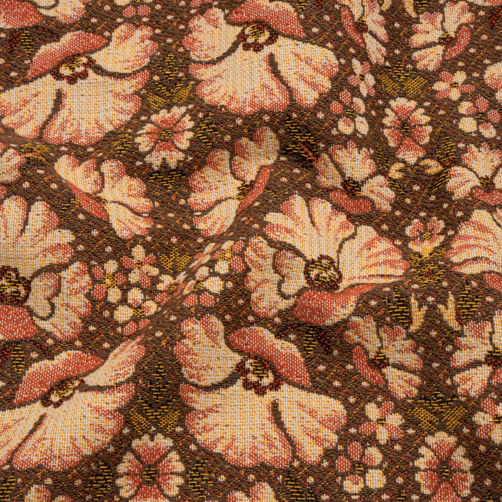 Polyester and Cotton Jacquard Made in Italy - Dark Peach, Mustard Yellow and Brown Floral - Deadstock - Joann Fabrics