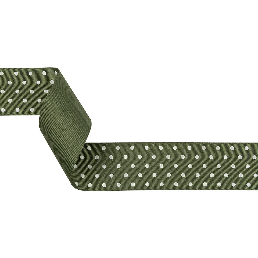 Pesto and White Polka Dots Grosgrain Ribbon - 1.625