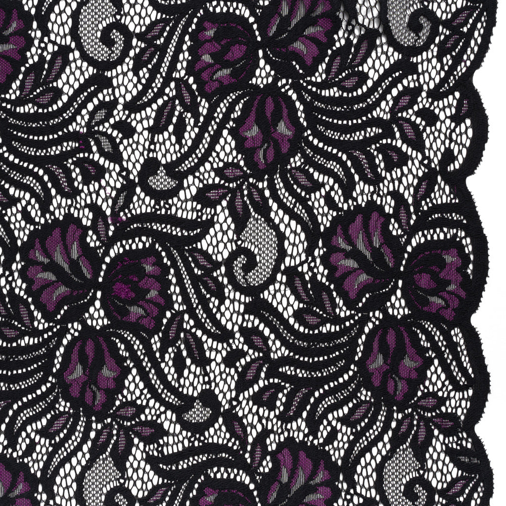 Re-Embroidered Stretch Lace with Finished Edges - Black and Dahlia Purple Blossom Trios and Leaves - Tatiana Collection - Joann Fabrics