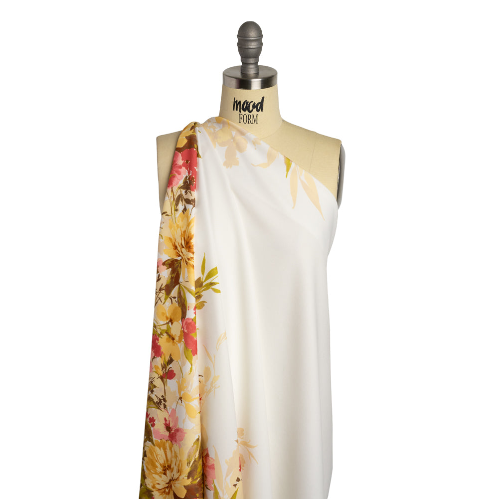 Stretch Polyester Crepe Double Knit - Ivory, Butter Yellow and Rose Pink Floral Border - Designer Deadstock - Joann Fabrics
