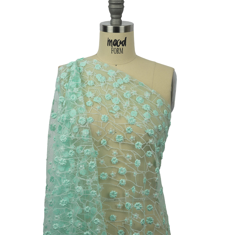 3D Puffy Glitter Tulle - Mint and White Flowers and Geometric Stems - Joann Fabrics