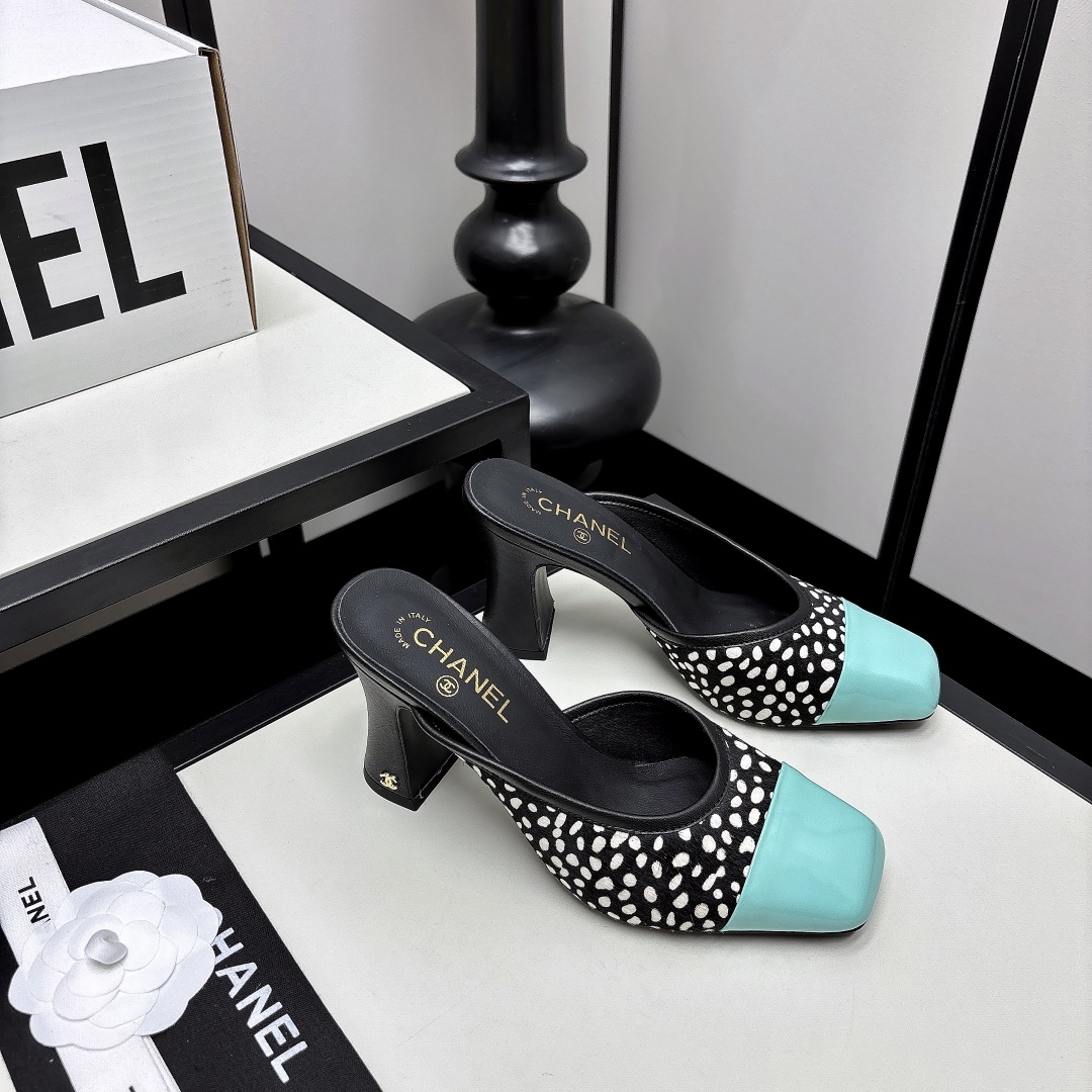 Chanel Classic Double-C Color-Block High-Heel Slides — Women's Square-Toe Sandals